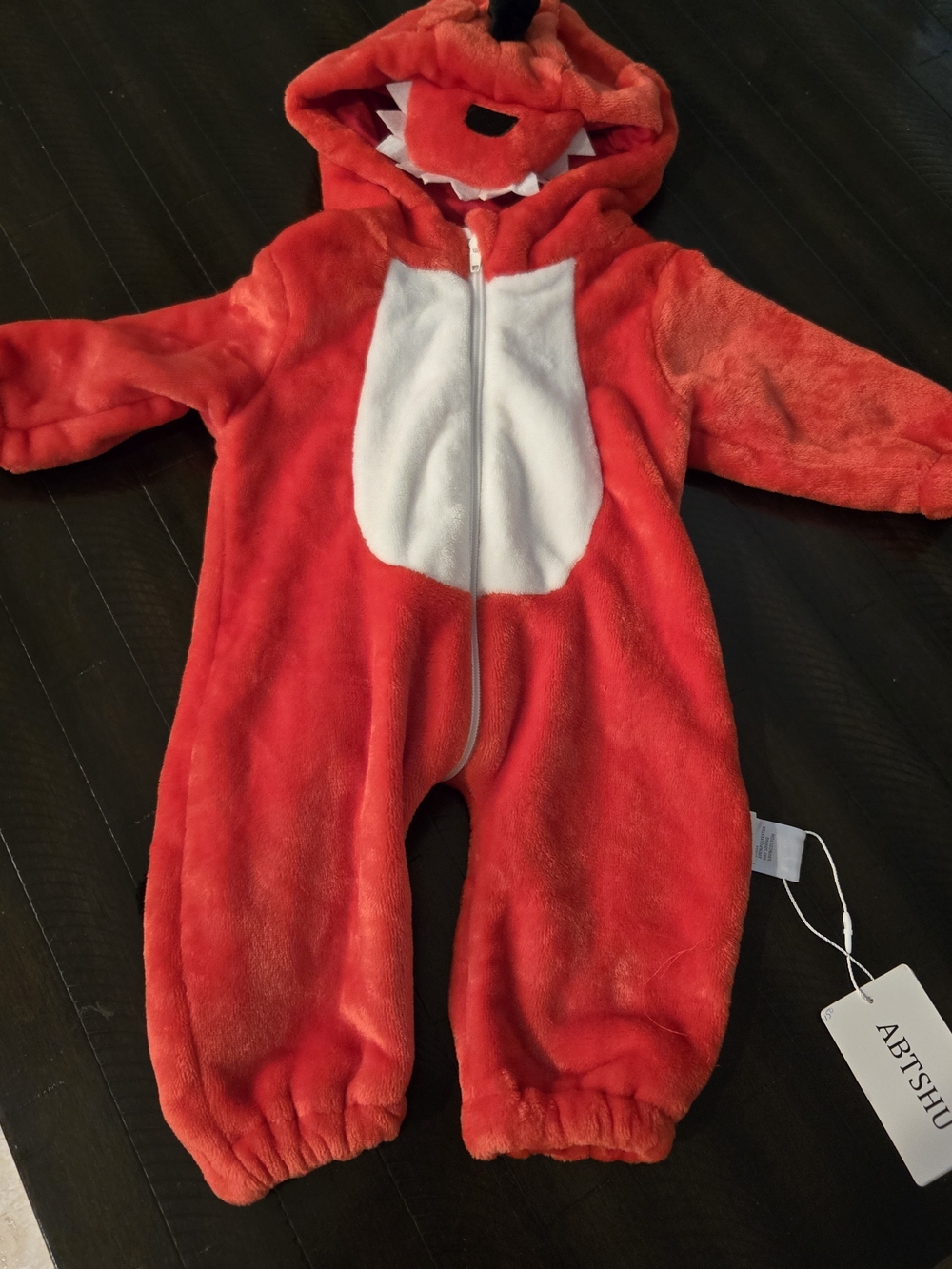 Red Dinosour Hooded Infant One-Piece with White Belly Romper/Costume. 0-3M. New